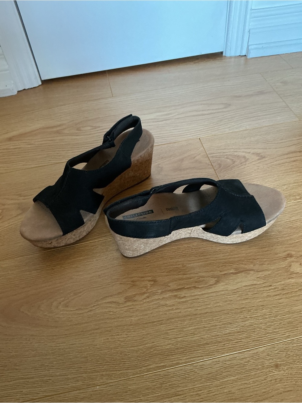 Clarks Black Suede, Cork Wedge Sandal